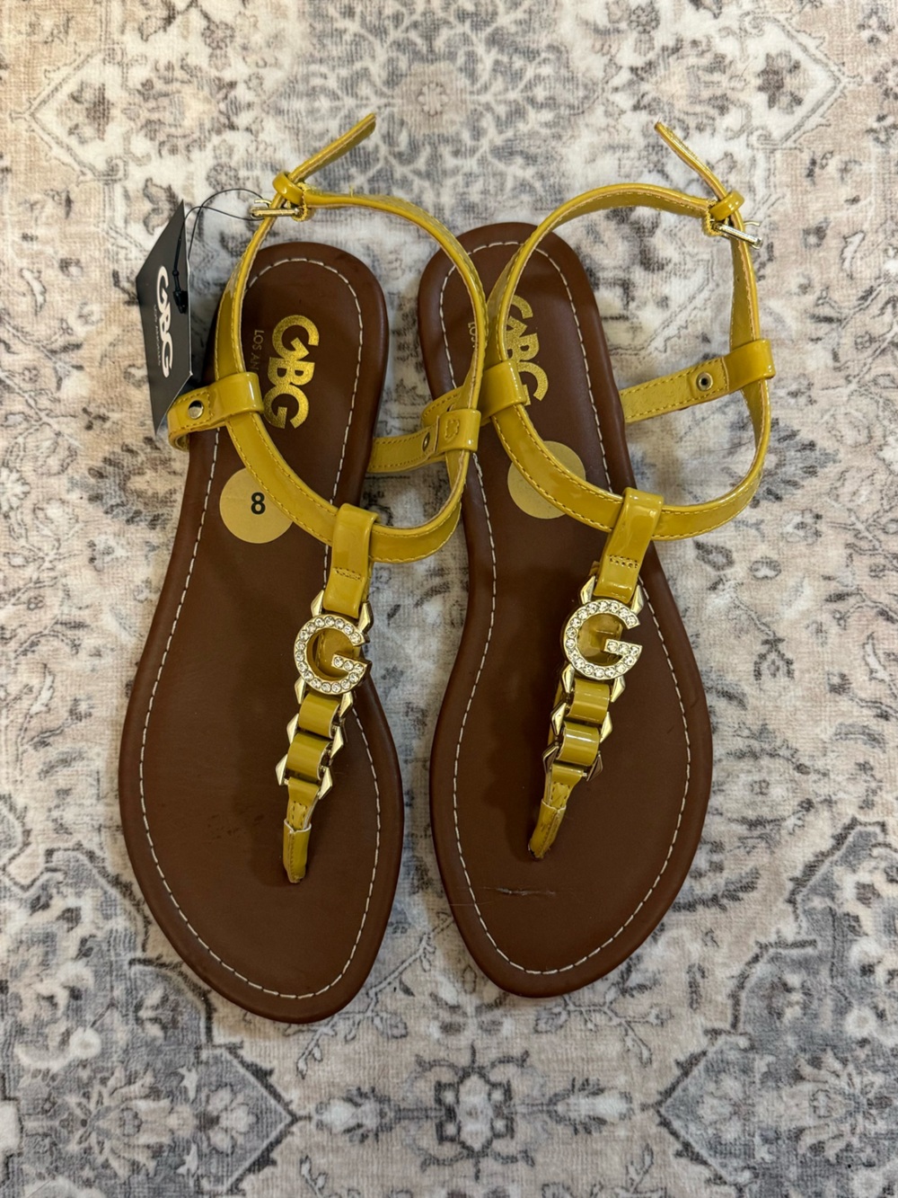 GBG Los Angeles Yellow T-Strap Sandals with Crystal Accent